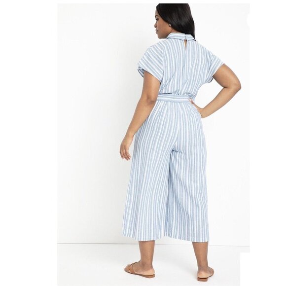Eloquii Jumpsuit Blue White Striped Linen Blend Straight Leg Size 28 Collared - Picture 2 of 7